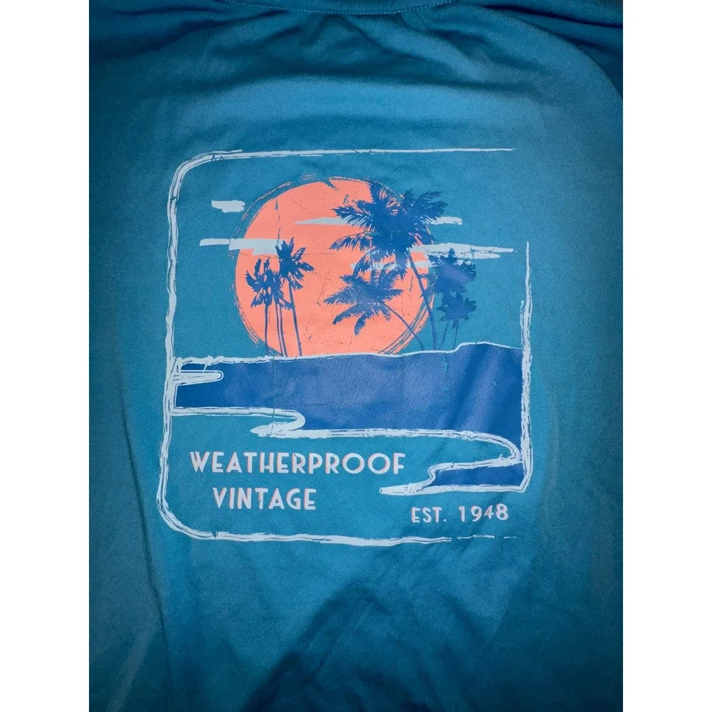 Weatherproof Vintage Mens XL Teal Blue Long Sleeve Graphic Performance T-Shirt
